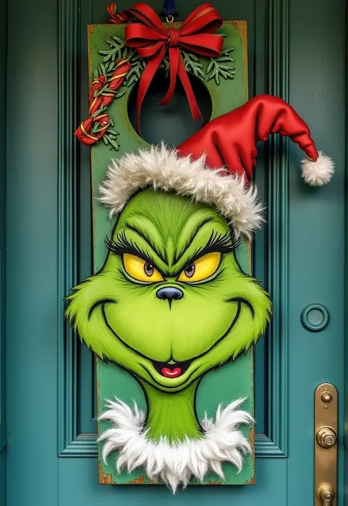 25 Creative Grinch Decorations DIY for Christmas Fun 16 25 Creative Grinch Decorations DIY for Christmas Fun - 16. Grinch Themed Door Hanger