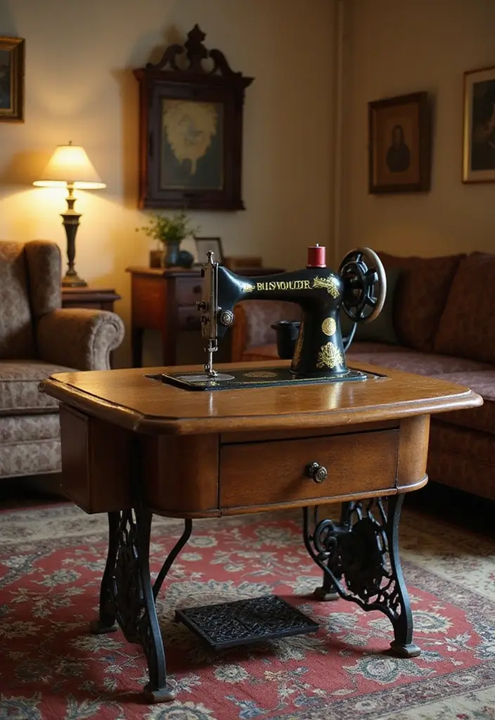 25 DIY Coffee Table Projects That Wow Guests 22 25 DIY Coffee Table Projects That Wow Guests - 22. Vintage Sewing Machine Base Table