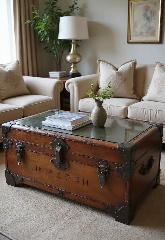 25 DIY Coffee Table Projects That Wow Guests 6 25 DIY Coffee Table Projects That Wow Guests - 6. Glass-Top Vintage Trunk Table