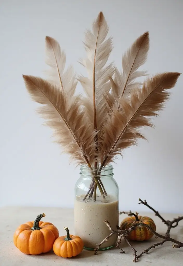 25 Eco-Friendly Fall Centerpieces DIY for Warm Gatherings 21 25 Eco-Friendly Fall Centerpieces DIY for Warm Gatherings - 21. Feathered Accents