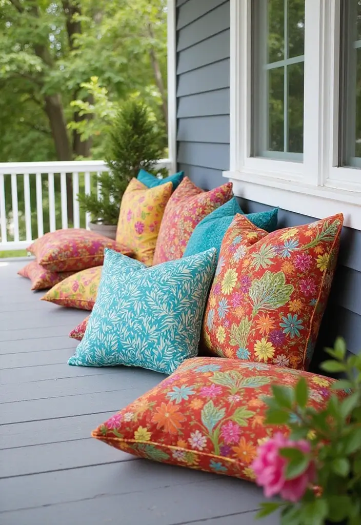 26 DIY Front Porch Ideas That Make a Big Statement - 14. Colorful Outdoor Pillows