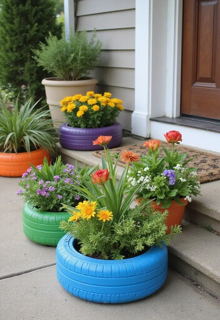 26 DIY Front Porch Ideas That Make a Big Statement - 4. Recycled Tire Planters