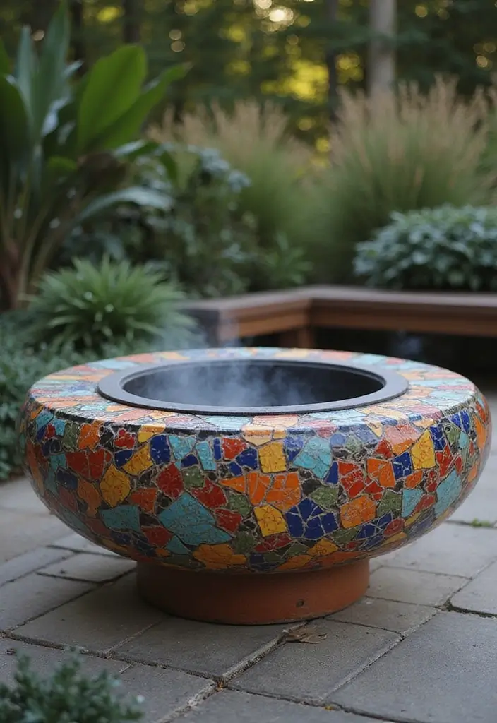 26 Outdoor Firepits DIY Projects That Transform Evenings 8 26 Outdoor Firepits DIY Projects That Transform Evenings - 8. Mosaic Tiled Firepit