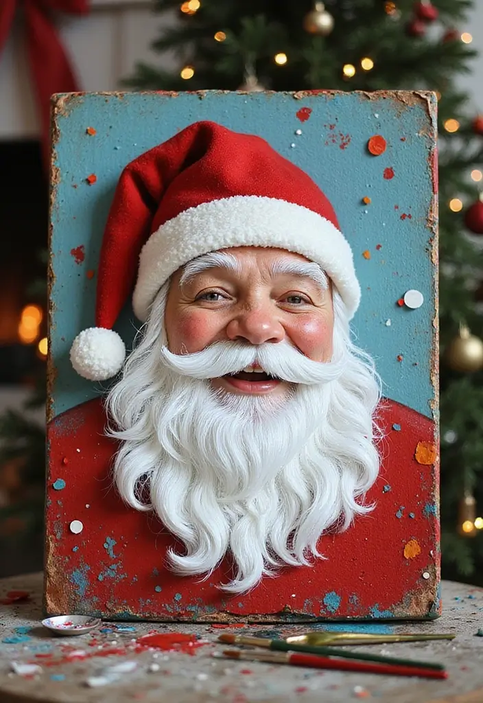 27 DIY Christmas Wall Art Projects That Spark Joy - 1. Recycled Canvas Santa Art