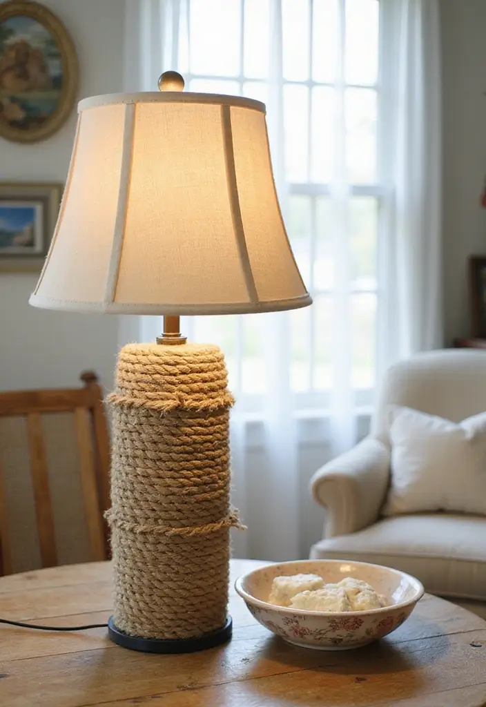 27 DIY Lamp Ideas That Brighten Any Room - 12. Rope-Wrapped Lamp
