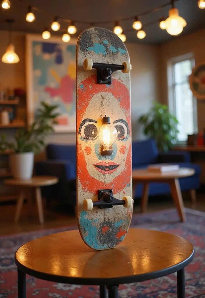 27 DIY Lamp Ideas That Brighten Any Room - 16. Upcycled Skateboard Lamp
