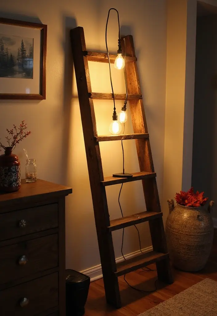27 DIY Lamp Ideas That Brighten Any Room - 19. Ladder Lamp