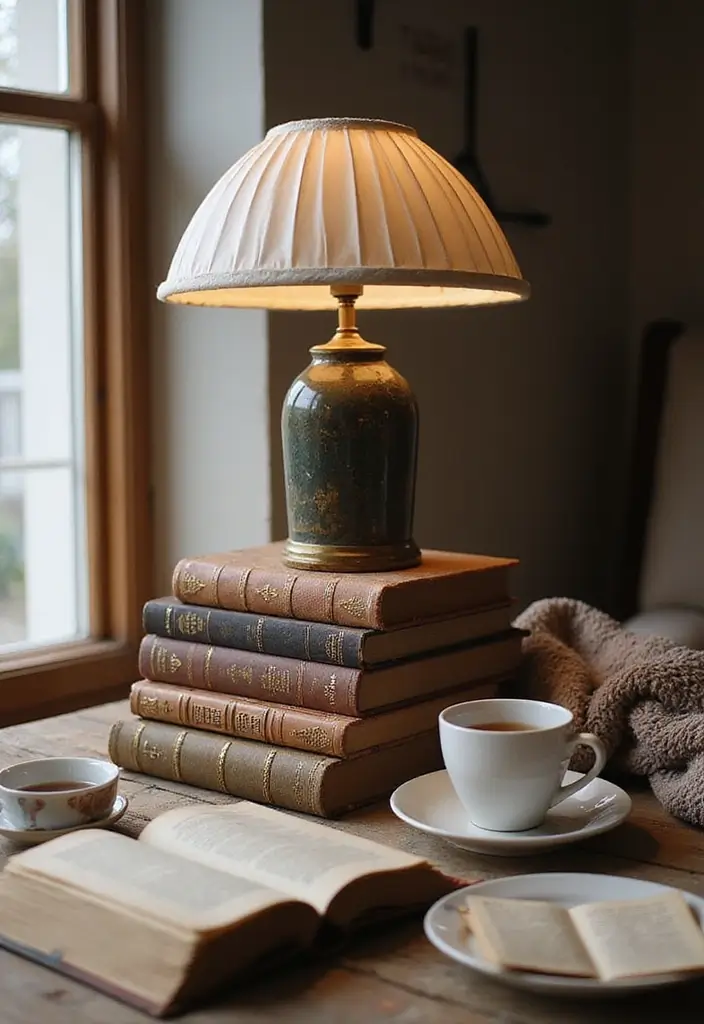 27 DIY Lamp Ideas That Brighten Any Room - 3. Book Stack Lamp