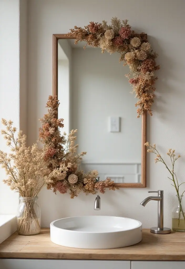 27 DIY Mirror Frame Bathroom Ideas That Shine - 10. Textured Frame with Dried Flowers