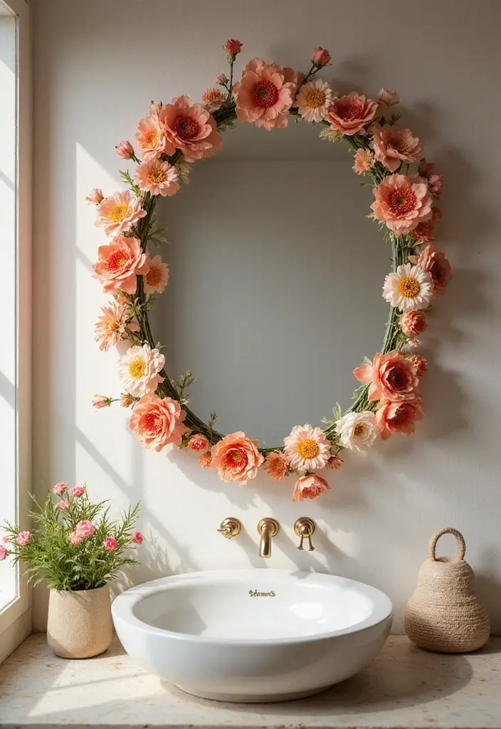 27 DIY Mirror Frame Bathroom Ideas That Shine - 19. Floral Embellished Frame