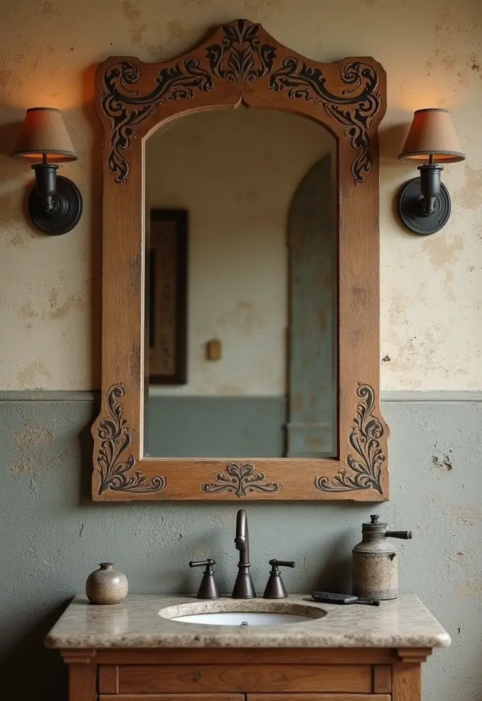 27 DIY Mirror Frame Bathroom Ideas That Shine - 20. Stenciled Wood Frame