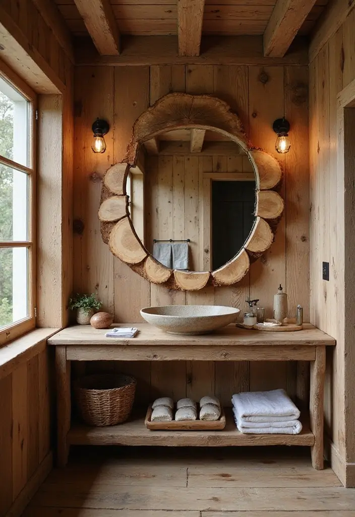27 DIY Mirror Frame Bathroom Ideas That Shine - 25. Rustic Sliced Log Frame