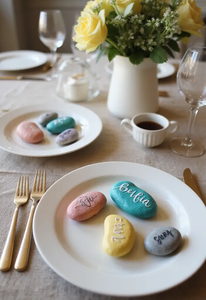 27 DIY Table Decor Projects for Everyday & Holidays 17 27 DIY Table Decor Projects for Everyday & Holidays - 17. Painted Rocks as Placeholders