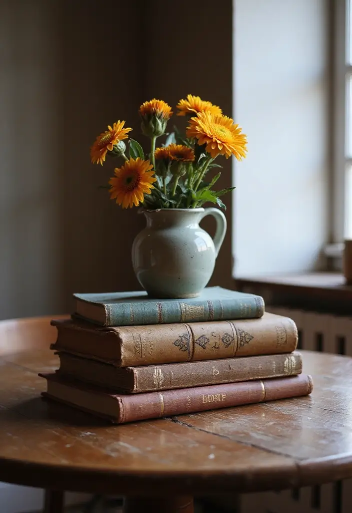27 DIY Table Decor Projects for Everyday & Holidays 9 27 DIY Table Decor Projects for Everyday & Holidays - 9. Vintage Book Stack Centerpiece