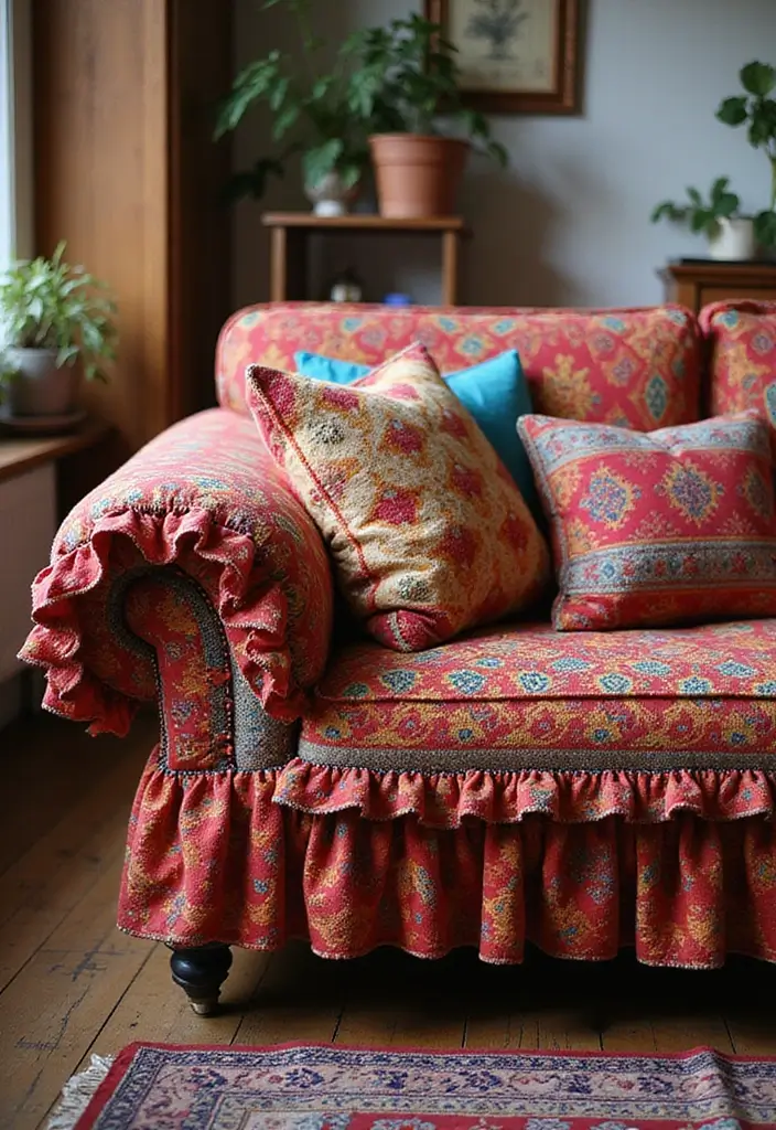 28 DIY Couch Cover Ideas That Refresh Any Sofa 12 28 DIY Couch Cover Ideas That Refresh Any Sofa - 12. Bohemian Ruffled Cover