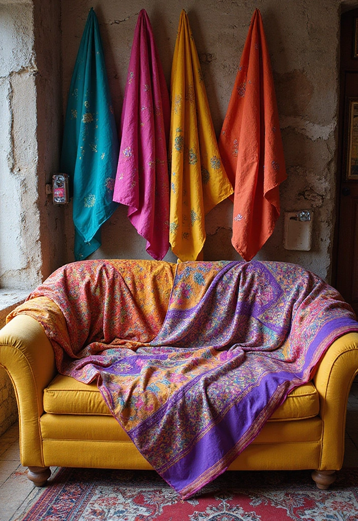 28 DIY Couch Cover Ideas That Refresh Any Sofa 18 28 DIY Couch Cover Ideas That Refresh Any Sofa - 18. Colorful Sarongs or Scarves