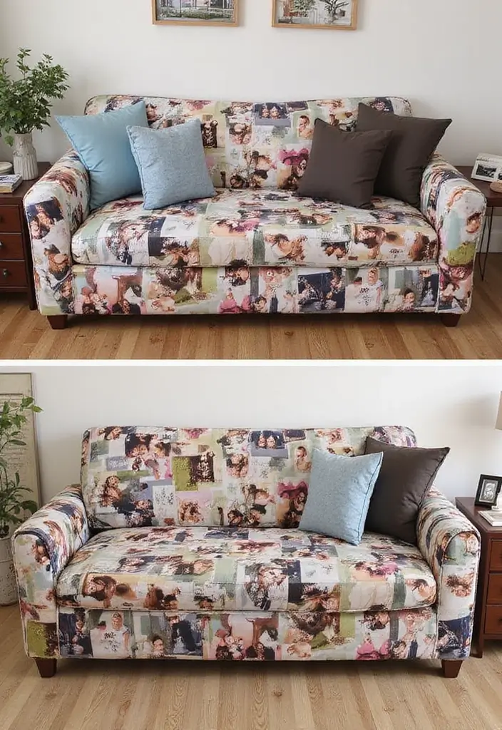 28 DIY Couch Cover Ideas That Refresh Any Sofa 24 28 DIY Couch Cover Ideas That Refresh Any Sofa - 24. Personalized Photo Fabric