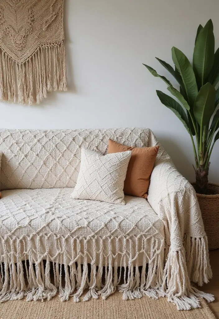 28 DIY Couch Cover Ideas That Refresh Any Sofa 5 28 DIY Couch Cover Ideas That Refresh Any Sofa - 5. Boho Macramé Fringe