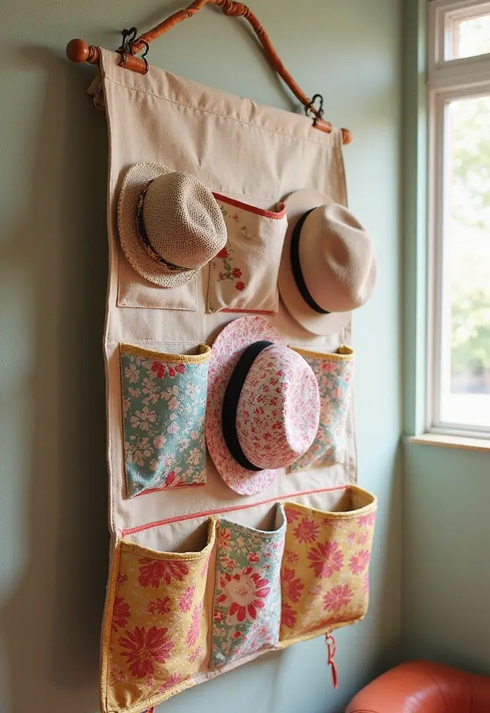 28 DIY Hat Rack Projects That Save Space in Style 10 28 DIY Hat Rack Projects That Save Space in Style - 10. Canvas Hanging Organizer