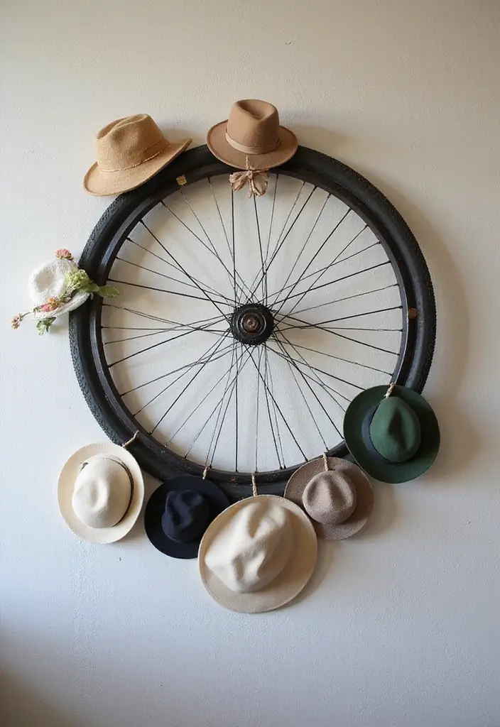 28 DIY Hat Rack Projects That Save Space in Style 11 28 DIY Hat Rack Projects That Save Space in Style - 11. Bicycle Wheel Hat Rack