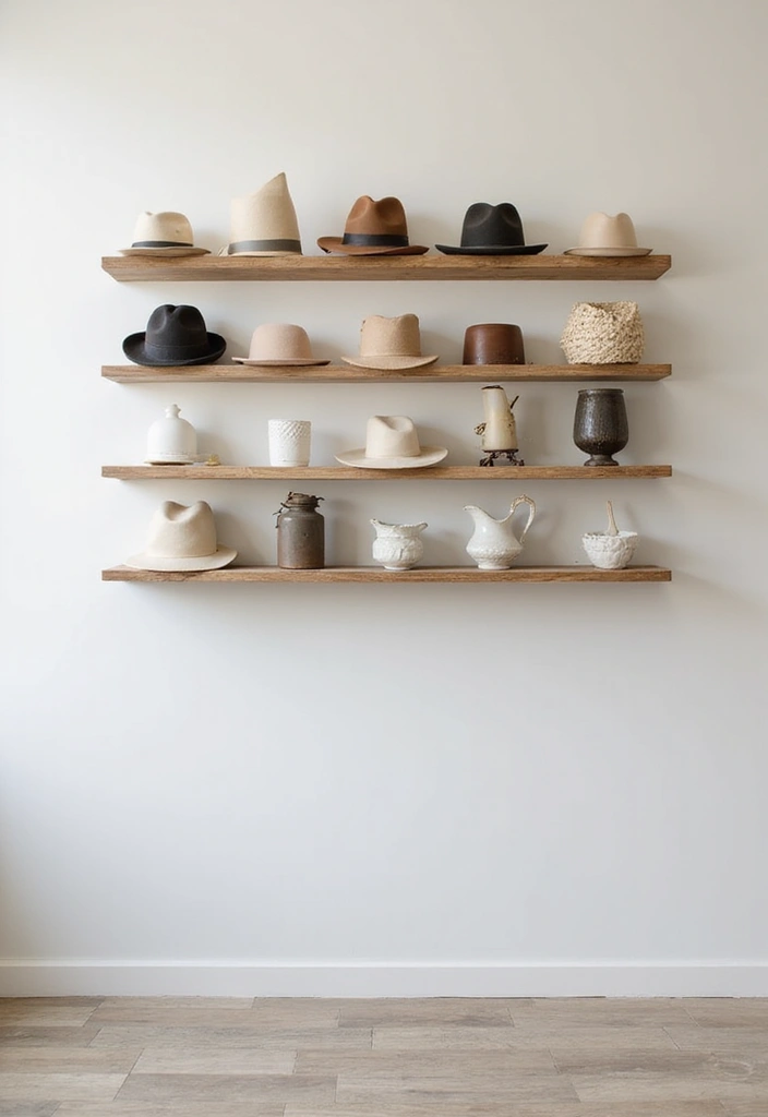 28 DIY Hat Rack Projects That Save Space in Style 12 28 DIY Hat Rack Projects That Save Space in Style - 12. Floating Shelf Hat Display