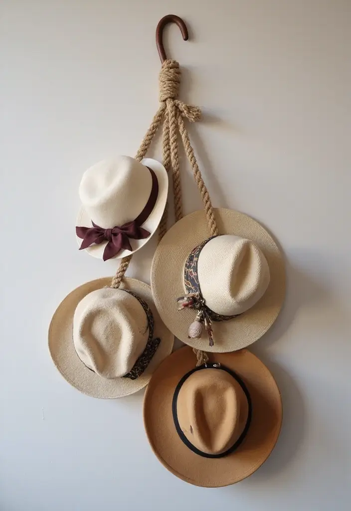 28 DIY Hat Rack Projects That Save Space in Style 20 28 DIY Hat Rack Projects That Save Space in Style - 20. Simple Hook and Rope Design