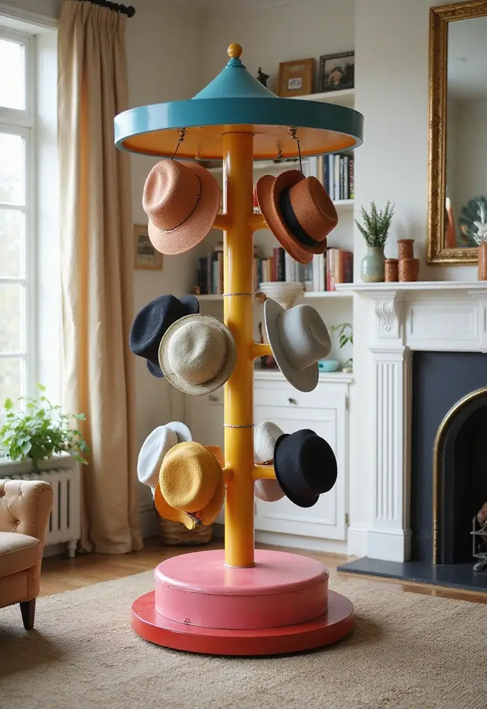 28 DIY Hat Rack Projects That Save Space in Style 25 28 DIY Hat Rack Projects That Save Space in Style - 25. Hanging Hat Carousel