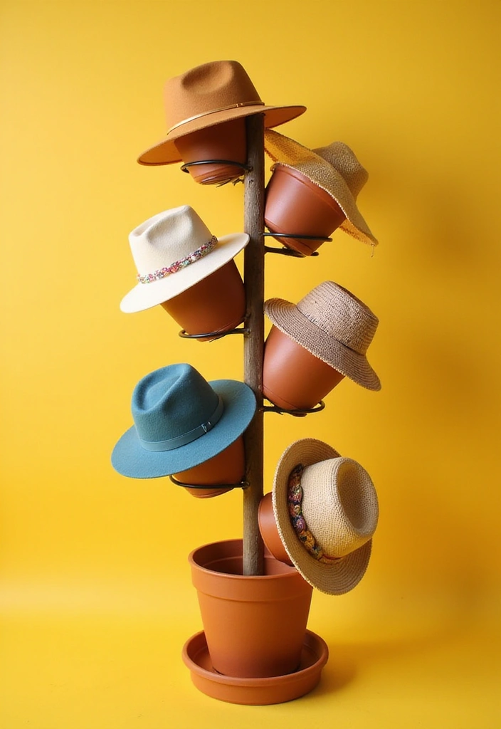 28 DIY Hat Rack Projects That Save Space in Style 26 28 DIY Hat Rack Projects That Save Space in Style - 26. Tiered Flower Pot Stand for Hats