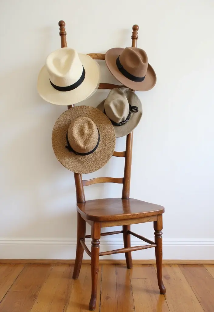 28 DIY Hat Rack Projects That Save Space in Style 27 28 DIY Hat Rack Projects That Save Space in Style - 27. Upcycled Chair Hat Rack
