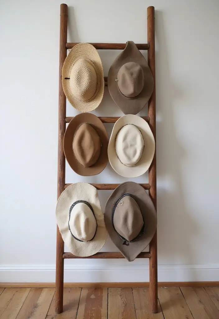 28 DIY Hat Rack Projects That Save Space in Style 4 28 DIY Hat Rack Projects That Save Space in Style - 4. Ladder Hat Stand