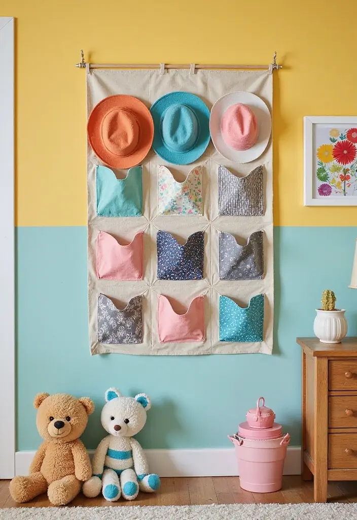 28 DIY Hat Rack Projects That Save Space in Style 6 28 DIY Hat Rack Projects That Save Space in Style - 6. Fabric Wall Organizer