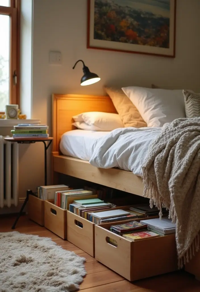 28 DIY Under Bed Storage Ideas That Save Space - 25. Bedside Book Storage