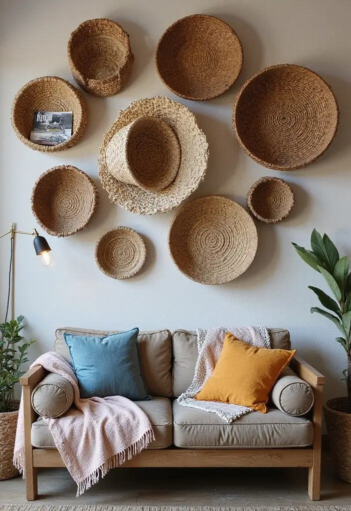 28 Farmhouse Decor DIY Ideas That Feel Rustic & Cozy - 18. Simple DIY Wall Baskets