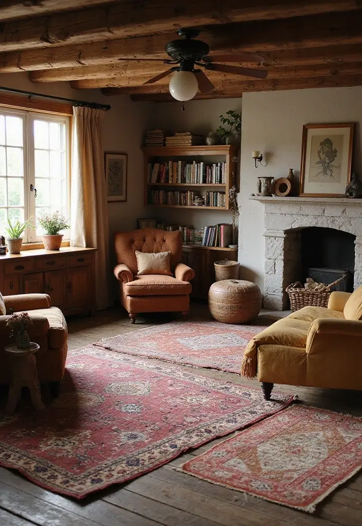 28 Farmhouse Decor DIY Ideas That Feel Rustic & Cozy - 23. Layered Textures with Rugs