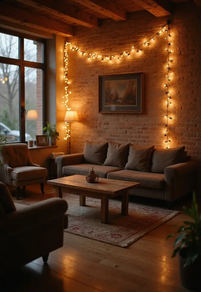 28 Farmhouse Decor DIY Ideas That Feel Rustic & Cozy - 25. Soft Lighting with String Lights