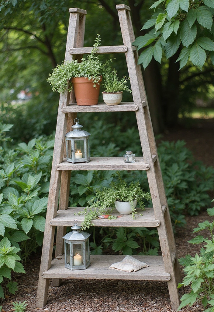 28 Outdoor Furniture DIY Projects for a Stylish Backyard 14 28 Outdoor Furniture DIY Projects for a Stylish Backyard - 14. Stylish Ladder Shelf for Outdoor Decor