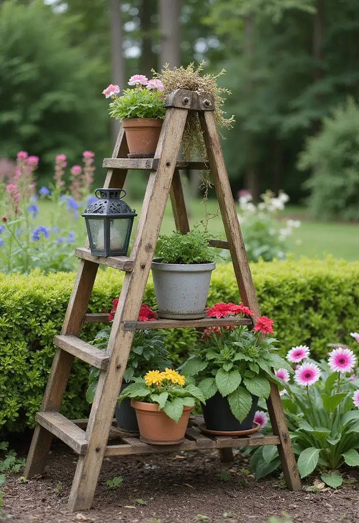 28 Outdoor Furniture DIY Projects for a Stylish Backyard 26 28 Outdoor Furniture DIY Projects for a Stylish Backyard - 26. Upcycled Ladder as Outdoor Decor