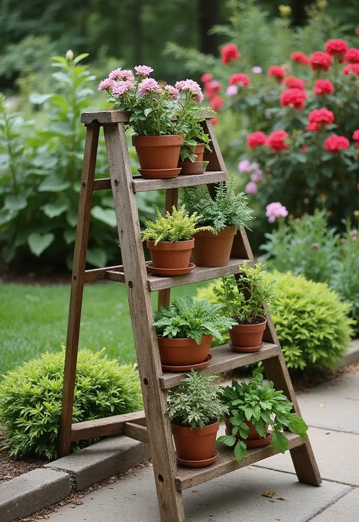 28 Outdoor Furniture DIY Projects for a Stylish Backyard 8 28 Outdoor Furniture DIY Projects for a Stylish Backyard - 8. Old Ladder Plant Stand