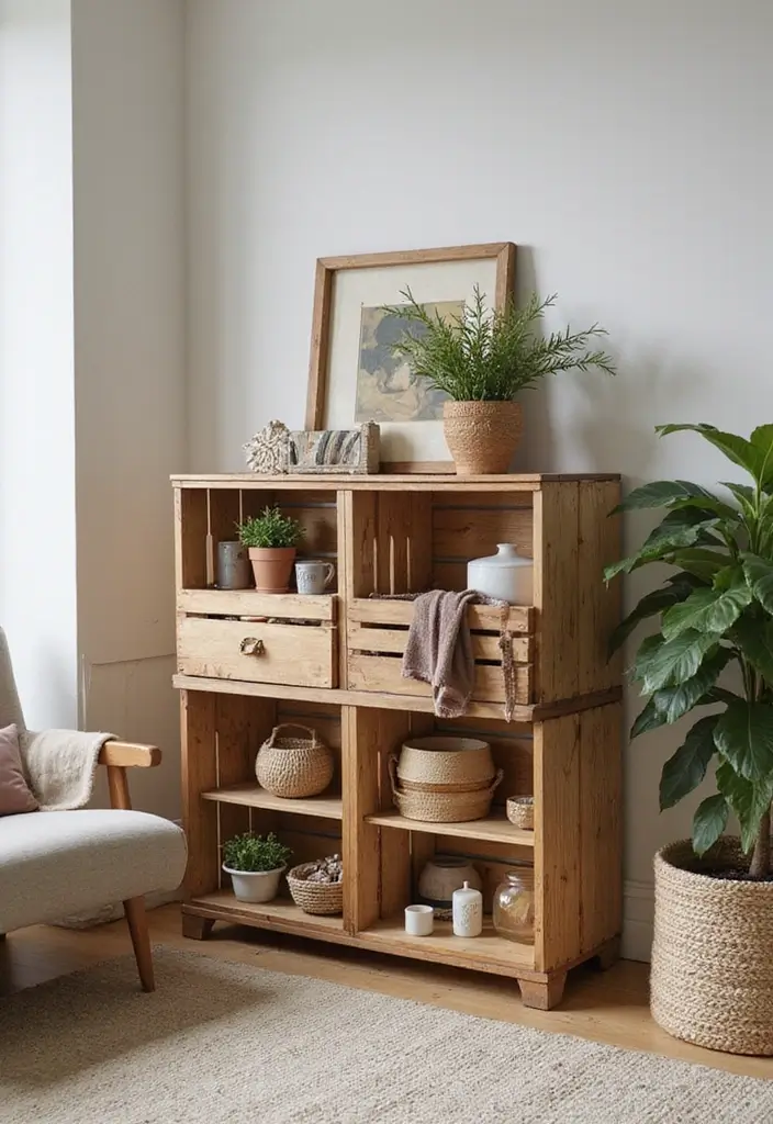 29 Creative Home Decor Ideas DIY for Every Room - 24. Charming Wooden Crate Storage