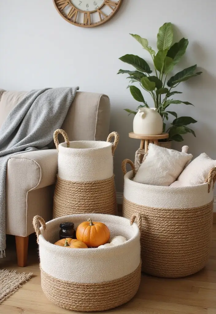 29 Creative Home Decor Ideas DIY for Every Room - 27. Stylish Rope-Wrapped Storage Baskets