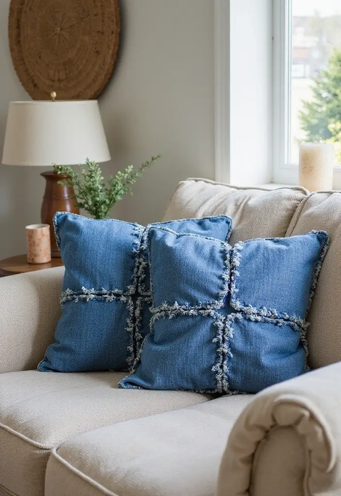 29 Creative Home Decor Ideas DIY for Every Room - 8. Upcycled Denim Cushion Covers