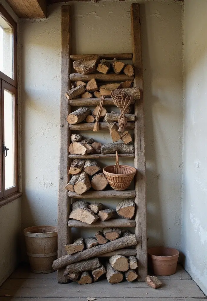 29 DIY Firewood Rack Ideas for Style & Function - 11. Rustic Ladder Rack