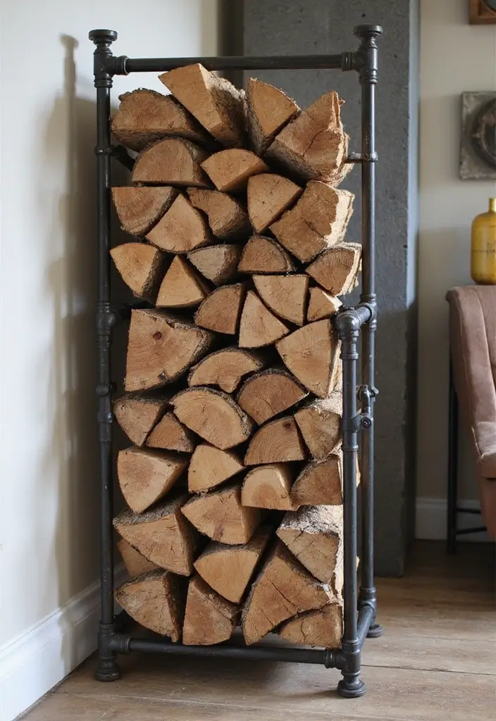 29 DIY Firewood Rack Ideas for Style & Function - 13. Industrial Pipe Rack