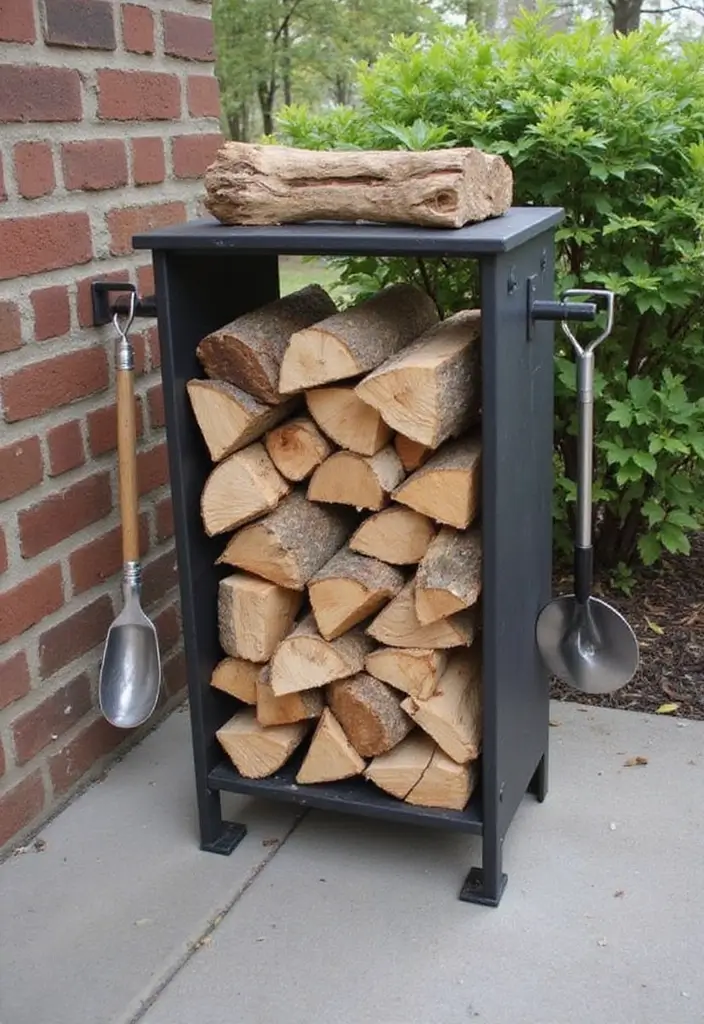 29 DIY Firewood Rack Ideas for Style & Function - 28. Firewood Stand with Side Hooks