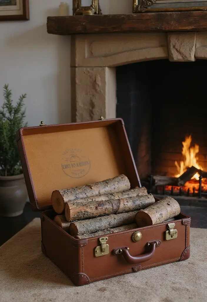 29 DIY Firewood Rack Ideas for Style & Function - 7. Vintage Suitcase Rack