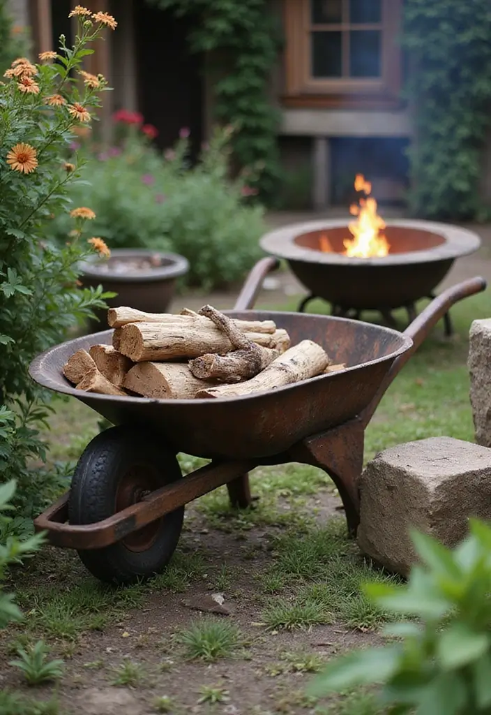 29 DIY Firewood Rack Ideas for Style & Function - 9. Rustic Wheelbarrow Rack