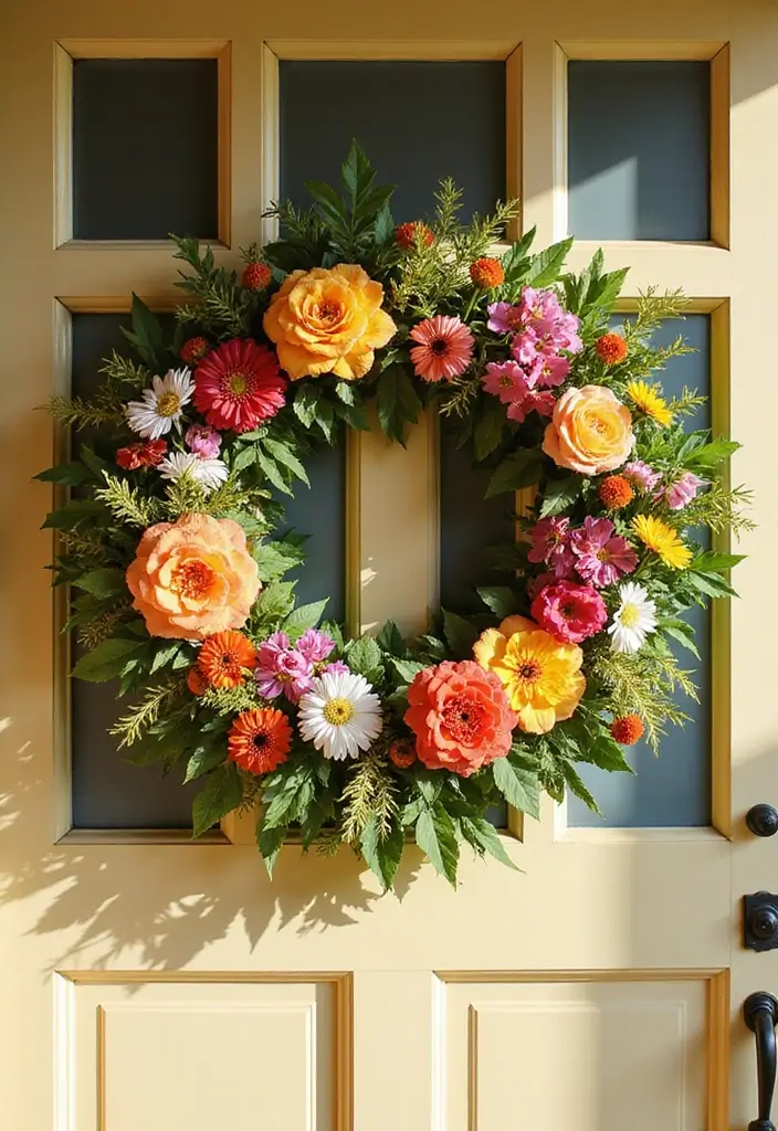 29 DIY Wreaths for Front Door That Guests Will Adore 2 29 DIY Wreaths for Front Door That Guests Will Adore - 2. Bright Summer Floral Wreath