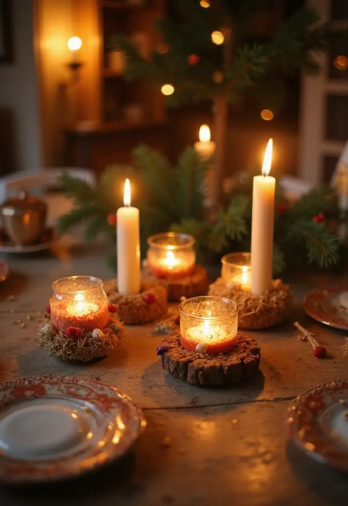 30+ DIY Christmas Table Decorations Guests Will Love - 10. Whimsical Candle Holders