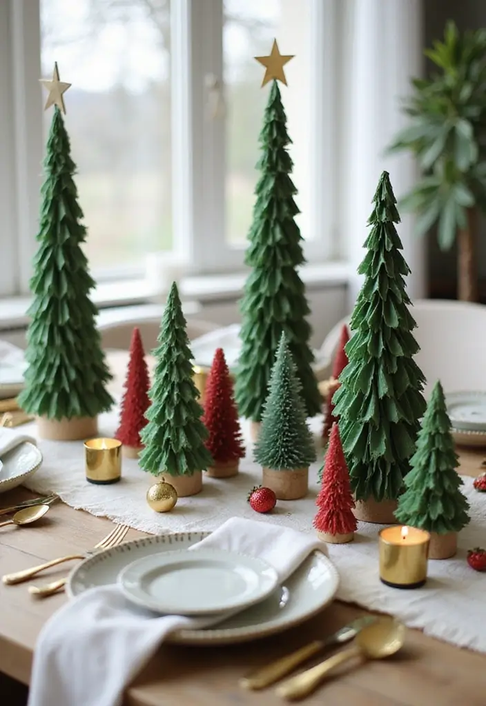 30+ DIY Christmas Table Decorations Guests Will Love - 15. Twisted Paper Mache Trees