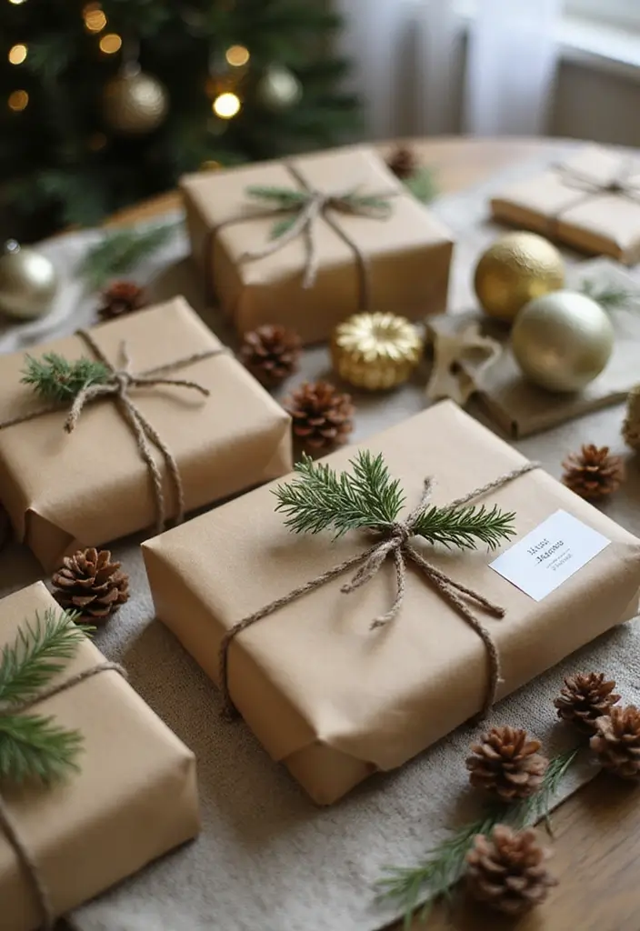 30+ DIY Christmas Table Decorations Guests Will Love - 21. Eco-Friendly Gift Wrapping as Decor